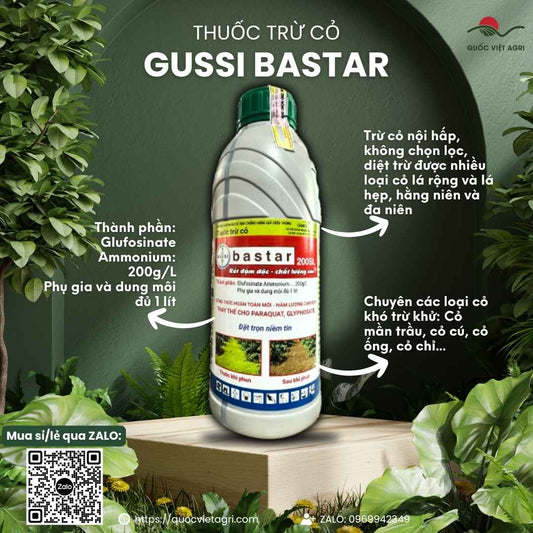 Mặt trước chai Thuốc Trừ Cỏ Gussi Bastar 200SL Nhãn Đỏ 900ml, Glufosinate 200g/L, đặc trị cỏ mần trầu.