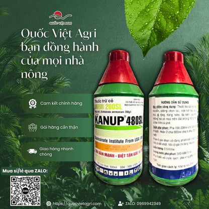 Mặt sau chai thuốc trừ cỏ Kanup 480SL (Sinasin 200SL) 900ml, chuyên dùng để khai hoang, diệt cỏ tranh, sản phẩm công nghệ Mỹ.
