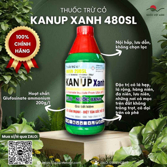 Mặt trước chai thuốc trừ cỏ Kanup Xanh 480SL 900ml, chuyên dùng để khai hoang, diệt cỏ tranh, sản phẩm công nghệ Mỹ.

