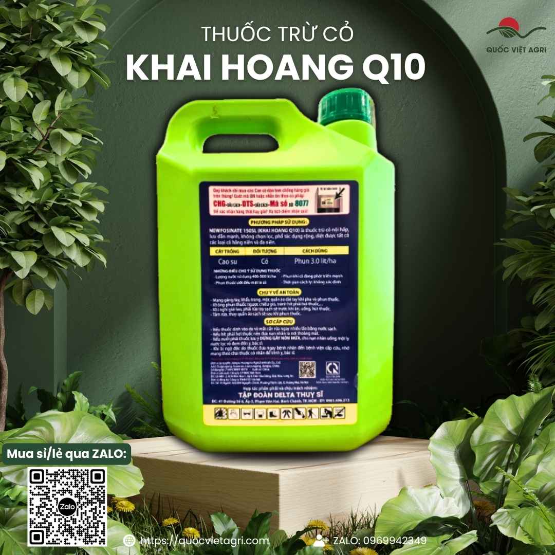 Nhãn thành phần Glufosinate ammonium 150g/l trên can Khai Hoang Q10 Thụy Sĩ.