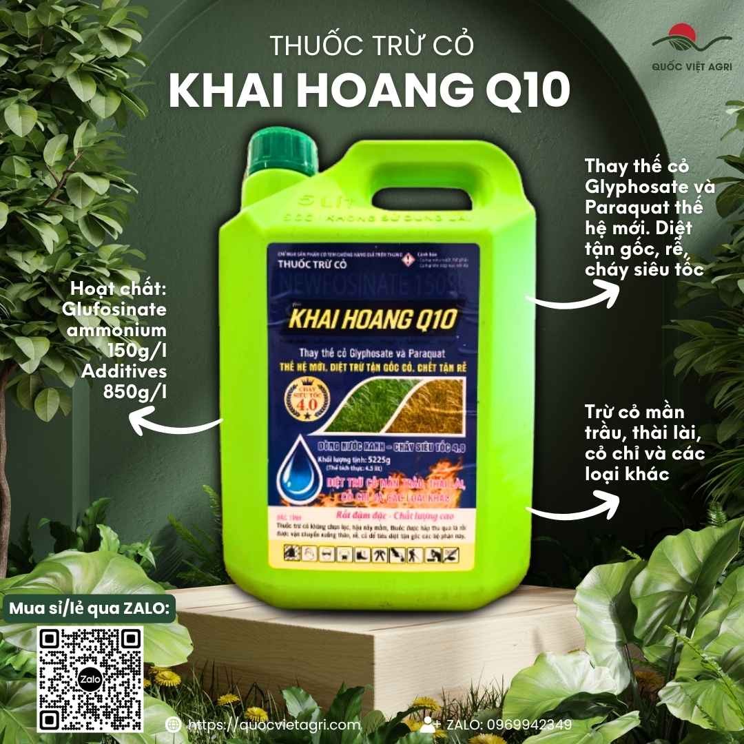 Mặt trước Can 4.5 Lít Thuốc trừ cỏ KHAI HOANG Q10 dòng nước xanh chính hãng.