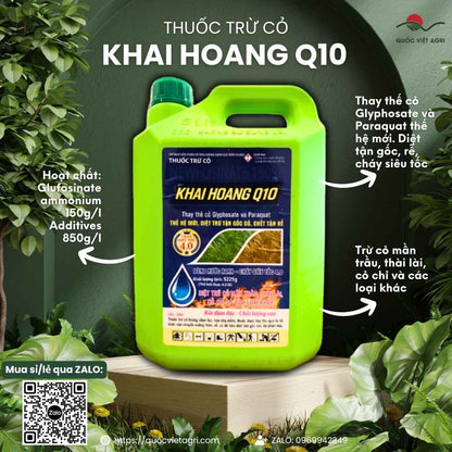 Mặt trước Can 4.5 Lít Thuốc trừ cỏ KHAI HOANG Q10 dòng nước xanh chính hãng.