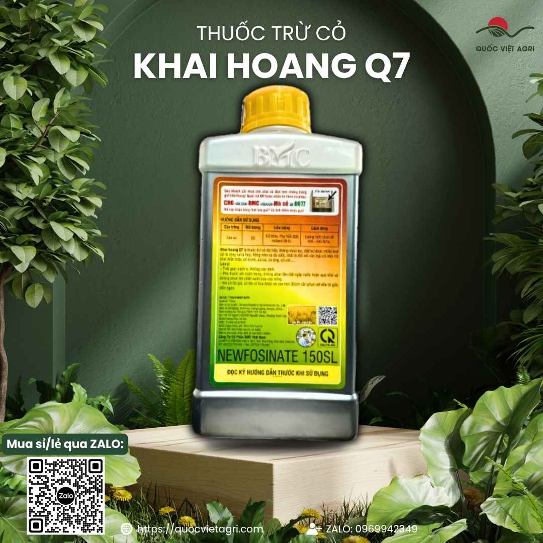Mặt sau chai thuốc trừ cỏ Khai Hoang Q7 150SL 900ml, chuyên dùng để diệt cỏ khai hoang, cỏ tranh, sản phẩm công nghệ 4.0.
