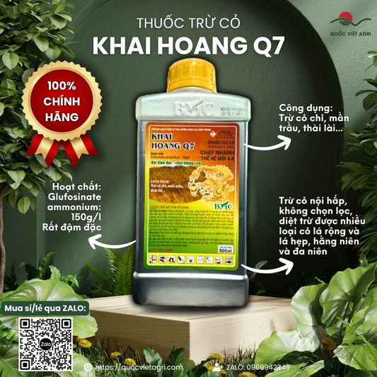 Mặt trước chai thuốc trừ cỏ Khai Hoang Q7 150SL 900ml, chuyên dùng để diệt cỏ khai hoang, cỏ tranh, sản phẩm công nghệ 4.0.

