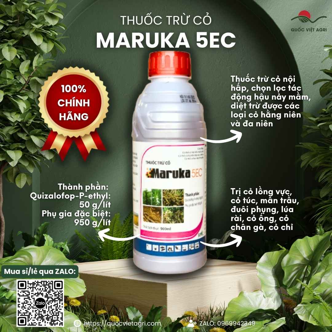 Mặt trước chai thuốc trừ cỏ Maruka 5EC 900ml, chuyên diệt cỏ lá hẹp, an toàn cho đậu tương, sắn.