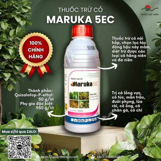 Mặt trước chai thuốc trừ cỏ Maruka 5EC 900ml, chuyên diệt cỏ lá hẹp, an toàn cho đậu tương, sắn.