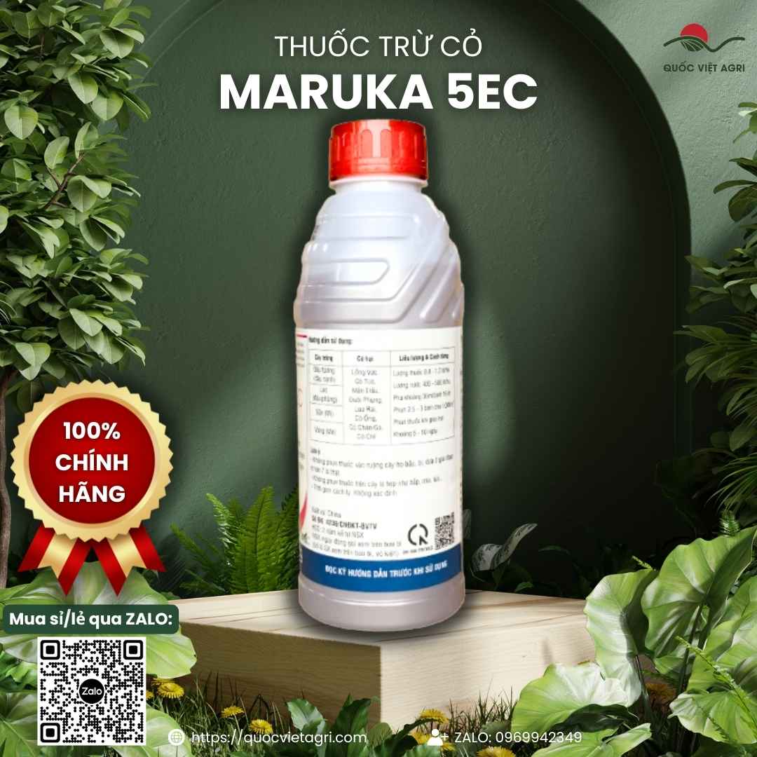 Mặt sau chai thuốc trừ cỏ Maruka 5EC 900ml, chuyên diệt cỏ lá hẹp, an toàn cho đậu tương, sắn.