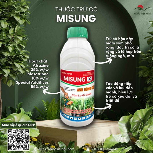 Mặt trước chai thuốc trừ cỏ Misung 45SC 800ml, chuyên dùng để diệt cỏ phun trùm cho bắp, mía, sản phẩm chính hãng Quốc Việt Agri.

