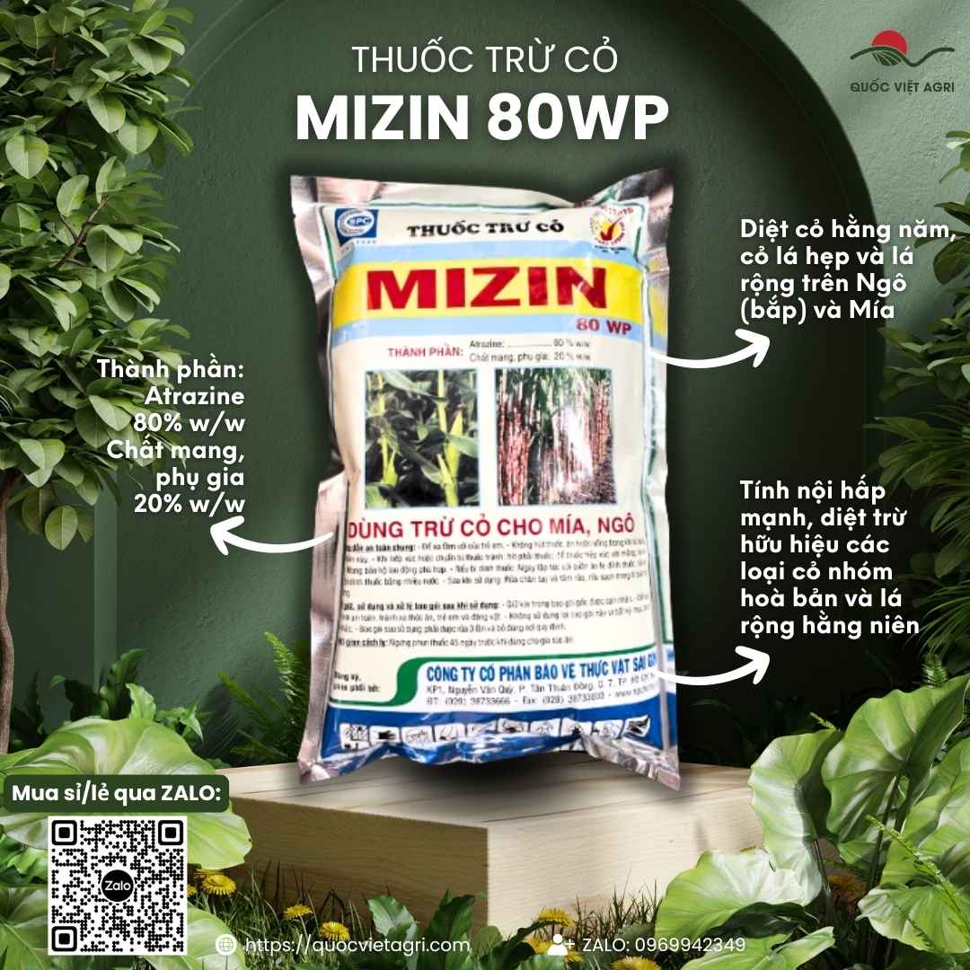 Mặt trước gói thuốc trừ cỏ mầm Mizin 80WP 500g, chuyên dùng để diệt cỏ cho bắp, mía, sản phẩm chính hãng.