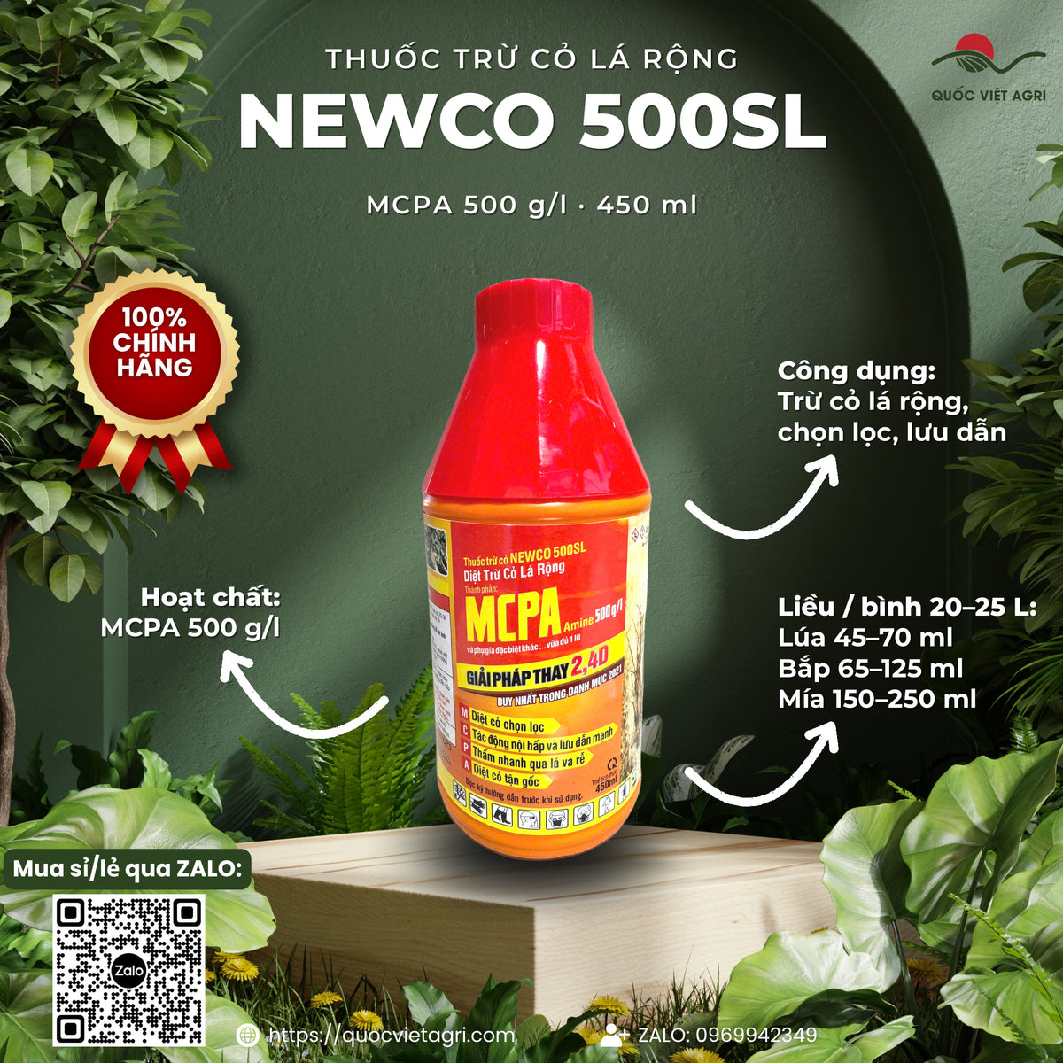 Thuốc trừ cỏ NEWCO 500SL chai 450ml, hoạt chất MCPA 500 g/l