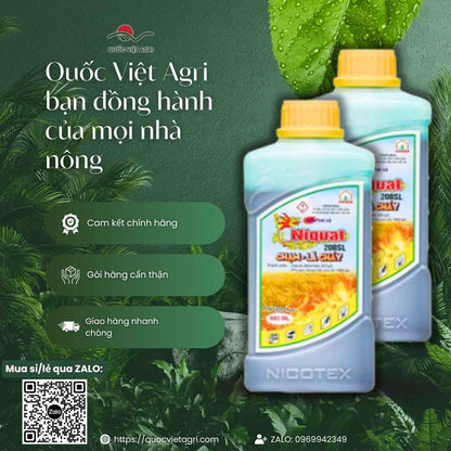 Hình ảnh tổng quan sản phẩm thuốc trừ cỏ Niquat 200SL 900ml, giải pháp diệt cỏ tiếp xúc, không chọn lọc từ Quốc Việt Agri.