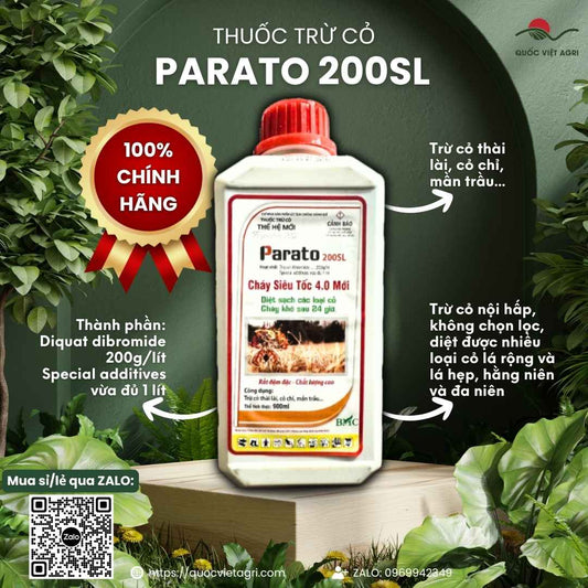 Mặt trước chai thuốc trừ cỏ Parato 200SL 900ml, chuyên dùng để diệt cỏ cháy siêu tốc, sản phẩm chính hãng của Quốc Việt Agri.

