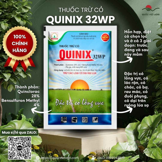 Mặt trước gói Thuốc Trừ Cỏ Quinix 32WP 25g, hoạt chất Quinclorac và Bensulfuron, đặc trị cỏ lồng vực, chác lác.