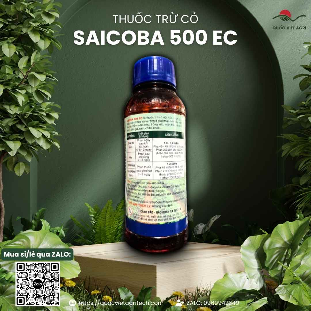 Bảng thành phần Acetochlor 500g/l mặt sau chai Saicoba diệt mầm cỏ.