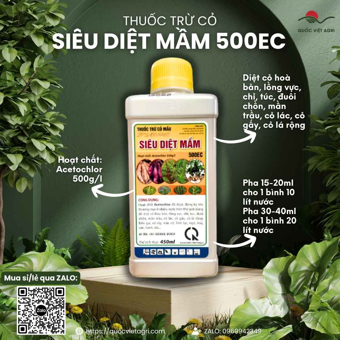Mặt trước chai thuốc trừ cỏ mầm Siêu Diệt Mầm 500EC 450ml, chuyên dùng để diệt cỏ cho bắp, khoai mì, sản phẩm chính hãng của BMC.

