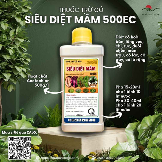 Mặt trước chai thuốc trừ cỏ mầm Siêu Diệt Mầm 500EC 450ml, chuyên dùng để diệt cỏ cho bắp, khoai mì, sản phẩm chính hãng của BMC.

