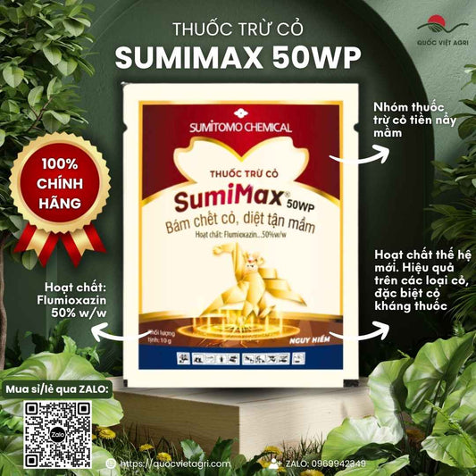 Mặt trước gói thuốc trừ cỏ mầm Sumimax 50WP 10g, chuyên dùng để diệt cỏ lá rộng cho khoai mì, đậu phộng, sản phẩm chính hãng Sumitomo.

