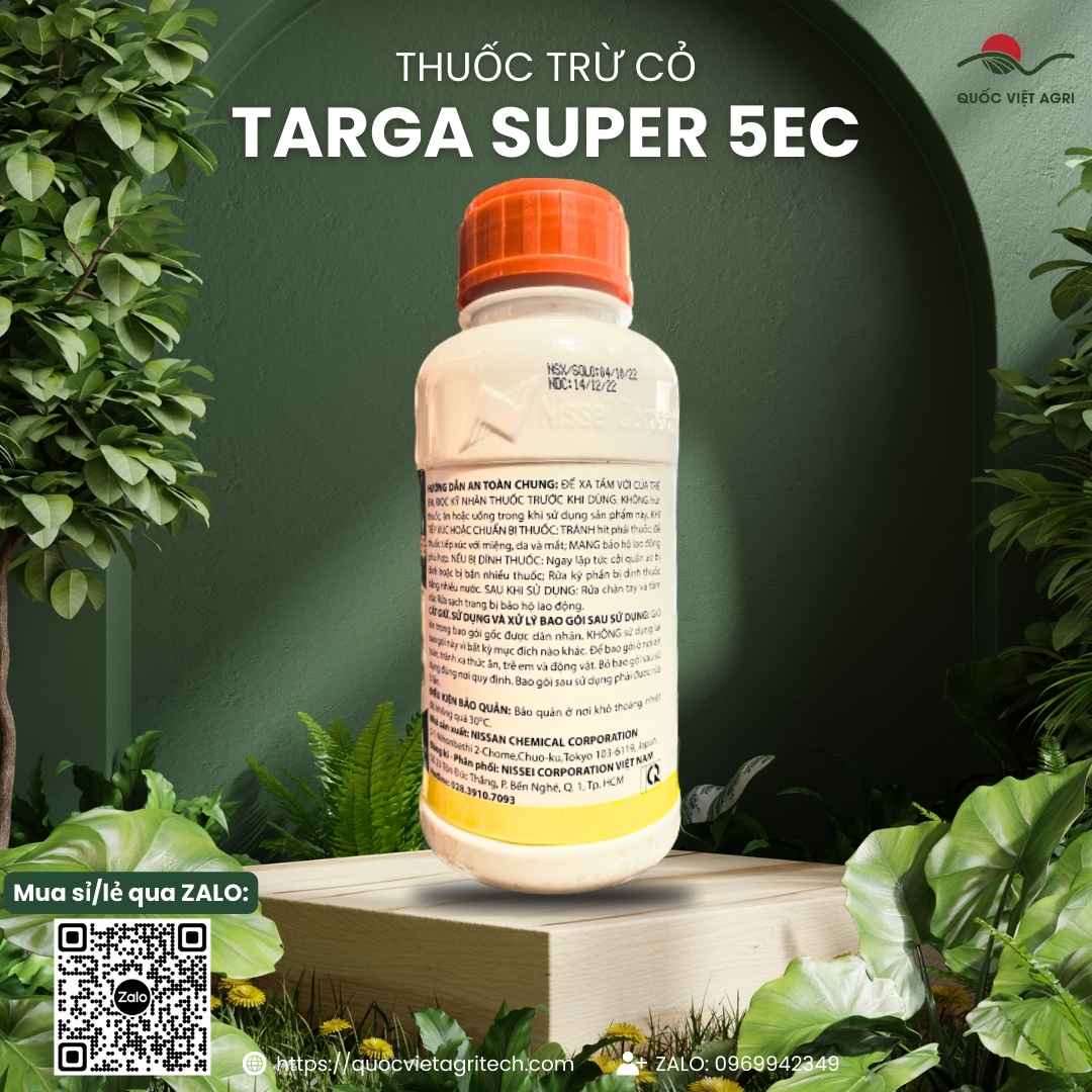 Hoạt chất Quizalofop-P-Ethyl mặt sau chai Targa Super diệt cỏ lá hẹp.