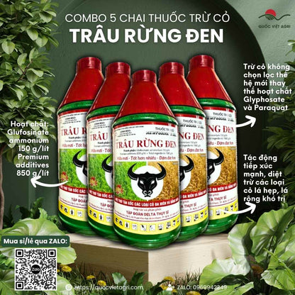 Mặt trước chai thuốc trừ cỏ Trâu Rừng Đen 900ml, chuyên dùng để khai hoang, diệt cỏ tranh, sản phẩm công nghệ Thụy Sĩ.

