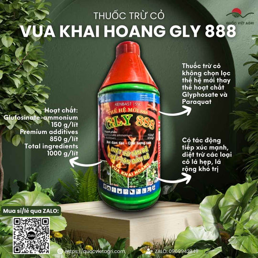 Mặt trước gói thuốc trừ cỏ Vua Khai Hoang Gly 888, chuyên dùng để diệt cỏ khai hoang, cỏ tranh, sản phẩm chính hãng của Quốc Việt Agri.

