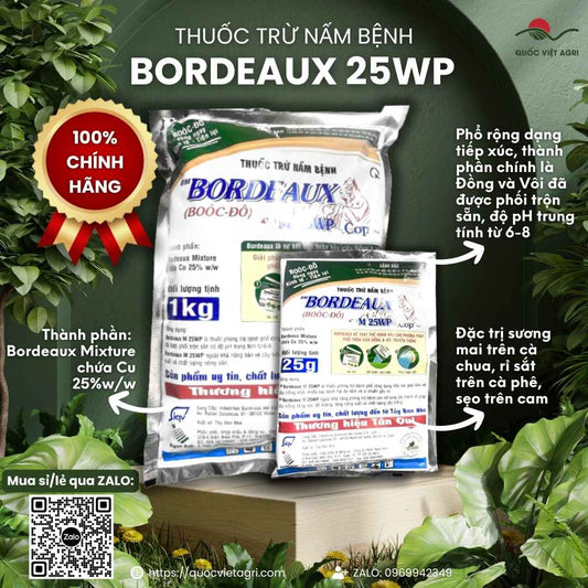 Mặt trước gói thuốc trừ bệnh Bordeaux M 25WP (Boóc Đô) 1KG, chuyên dùng để trị sương mai, ghẻ sẹo, sản phẩm nhập khẩu từ Tây Ban Nha.

