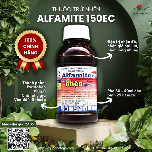Mặt trước chai thuốc trừ nhện ALFAMITE 150EC, chứa Pyridaben 150g/l