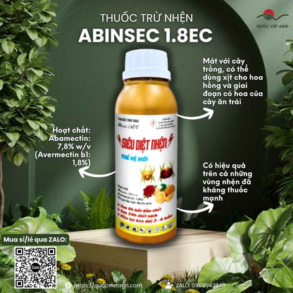Mặt trước chai thuốc trừ nhện ABINSEC 1.8EC 240ml, chứa Abamectin 7.8%, đặc trị nhện đỏ, nhện gié, nhện lông nhung.

