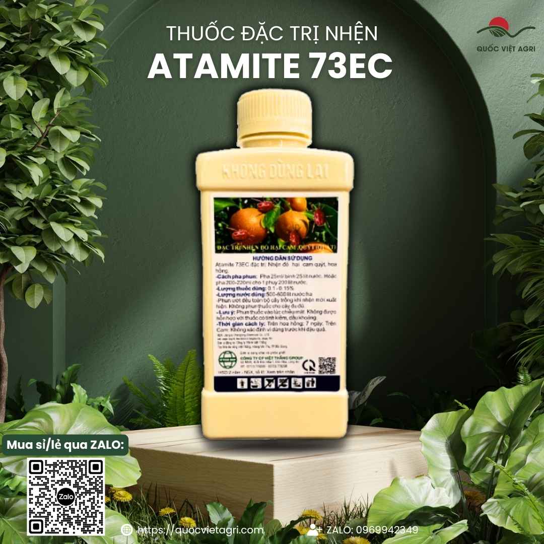 Mặt sau chai thuốc trừ nhện Atamite 73EC 450ml, chuyên dùng để đặc trị nhện đỏ hại cam, chè, sản phẩm chính hãng VITHACO.
