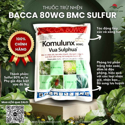 Mặt trước gói Thuốc Trừ Nhện BACCA 80WG 1kg, hoạt chất Sulfur 80%, nhập khẩu Ấn Độ, đặc trị nhện đỏ, phấn trắng.