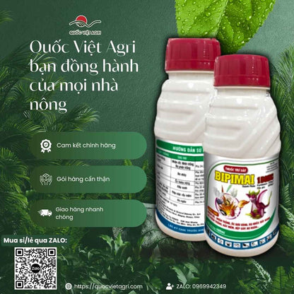 Mặt sau chai Bipimai 150EC với hướng dẫn sử dụng cho hoa hồng, cam quýt và cảnh báo an toàn.