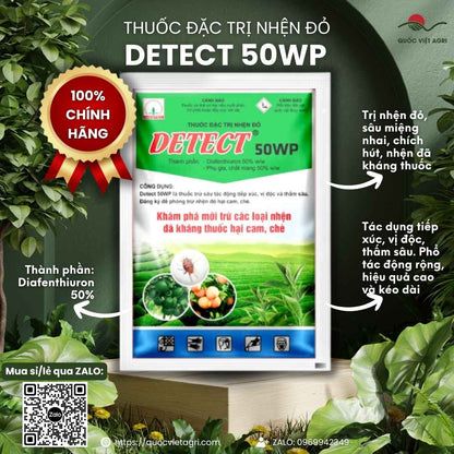 Mặt trước gói thuốc trừ nhện Detect 50WP 100g, chuyên dùng để đặc trị nhện đỏ hại cam, chè, sản phẩm chính hãng Nicotex.

