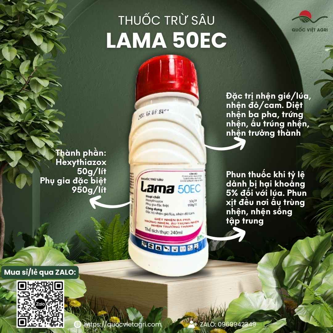 Mặt trước chai thuốc trừ nhện Lama 50EC 240ml, chuyên dùng để đặc trị nhện gié, nhện đỏ, sản phẩm chính hãng của BMC.

