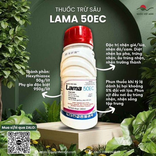 Mặt trước chai thuốc trừ nhện Lama 50EC 240ml, chuyên dùng để đặc trị nhện gié, nhện đỏ, sản phẩm chính hãng của BMC.


