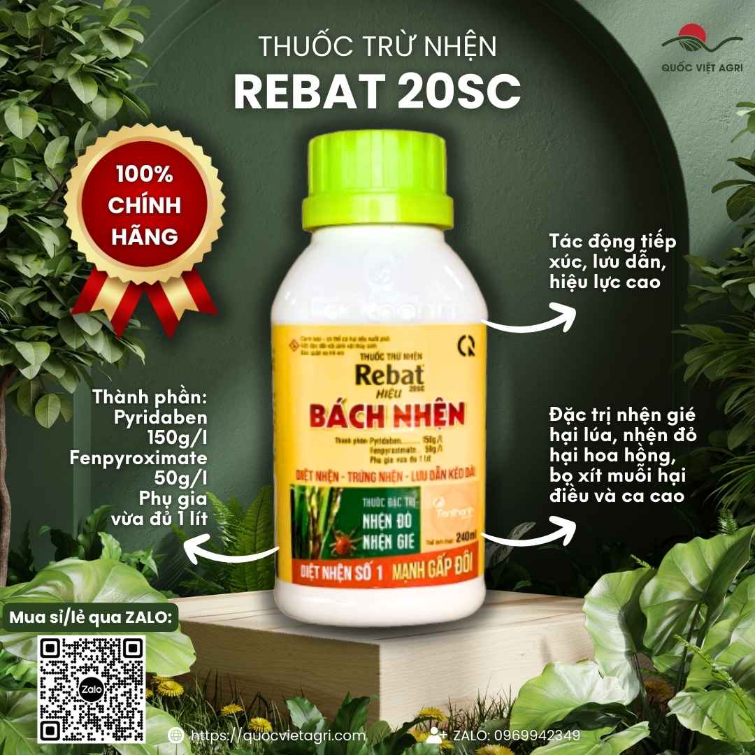 Mặt trước chai Thuốc trừ nhện REBAT 20SC 240ml đặc trị nhện gié.
