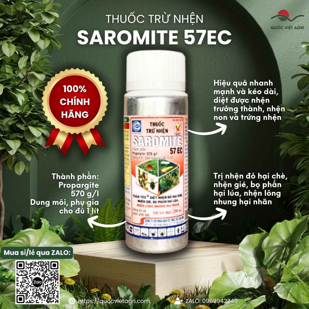 Mặt trước chai thuốc trừ nhện Saromite 57EC 250ml đặc trị nhện đỏ, nhện gié.
