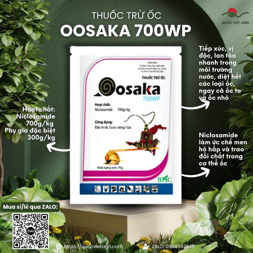 Mặt trước gói thuốc trừ ốc Oosaka 700WP 100g, chuyên dùng để diệt ốc bươu vàng, hoạt chất Niclosamide 70%.
