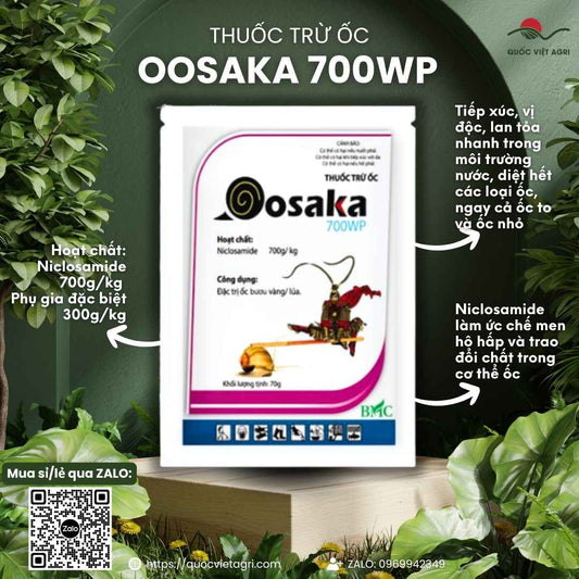Mặt trước gói thuốc trừ ốc Oosaka 700WP 100g, chuyên dùng để diệt ốc bươu vàng, hoạt chất Niclosamide 70%.