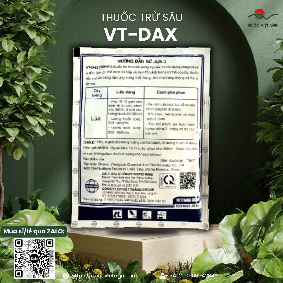 Mặt sau gói thuốc trừ ốc VT-DAX 700WP 35g với thông tin thành phần Niclosamide đậm đặc và hướng dẫn phun/rải cho lúa.
