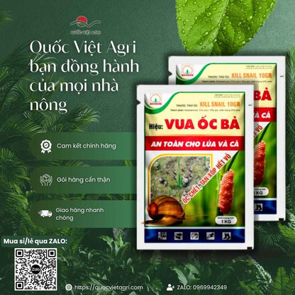 Mặt sau gói Kill Snail 10GR với hướng dẫn sử dụng rải ruộng lúa và cảnh báo an toàn.