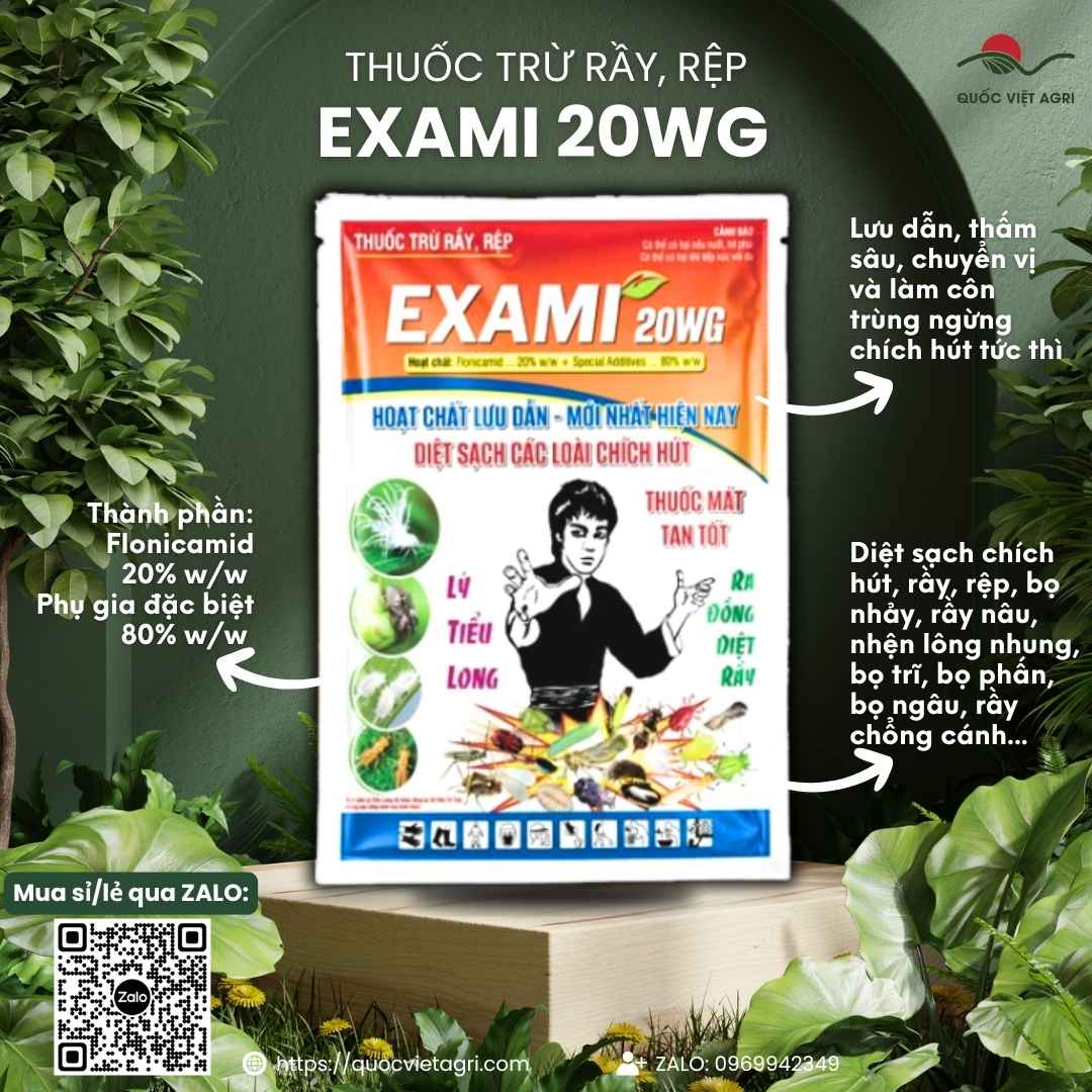Mặt trước gói thuốc trừ bọ trĩ Exami 20WG 100g thế hệ mới.