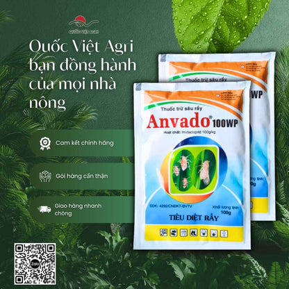 Ảnh tổng quan gói thuốc trừ sâu ANVADO 100WP 100g, chứa hoạt chất Imidacloprid 100g/kg, đặc trị rầy nâu lúa, côn trùng chích hút.
