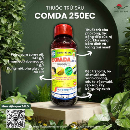 Mặt trước chai thuốc trừ sâu sinh học Comda 250EC 400ml, chuyên dùng để đặc trị bọ trĩ, rầy xanh, sản phẩm chính hãng của Quốc Việt Agri.


