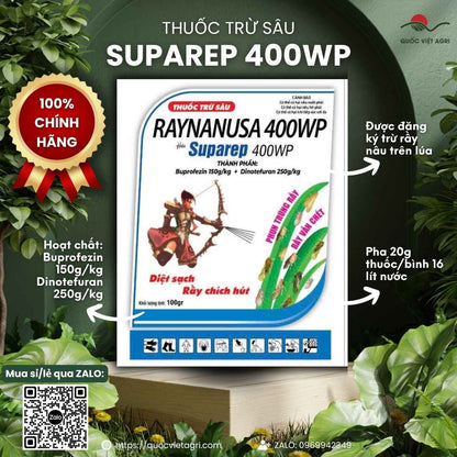 Mặt trước gói thuốc trừ sâu Suparep 400WP 50g đặc trị rầy nâu.