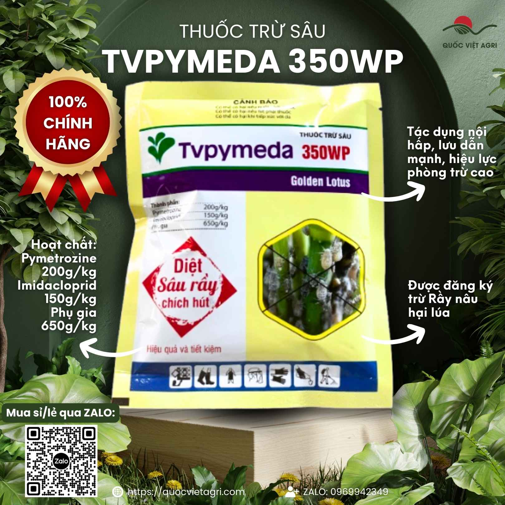 Mặt trước gói Thuốc trừ sâu TVPYMEDA 350WP 100g đặc trị rầy nâu.
