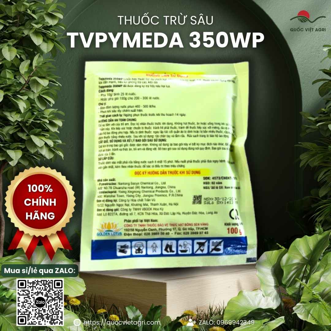 Bảng thành phần Pymetrozine và Imidacloprid phía sau gói TVPYMEDA 350WP.