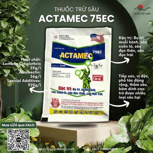 Mặt trước gói thuốc trừ sâu Actamec 75EC 25ml, chuyên dùng để đặc trị bọ trĩ, sâu đục trái, sản phẩm chính hãng.

