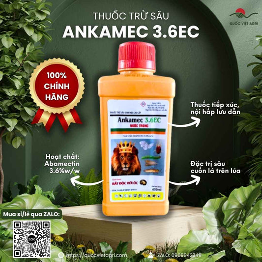 Mặt trước chai Thuốc trừ sâu sinh học ANKAMEC 3.6EC 450ml nước trong.