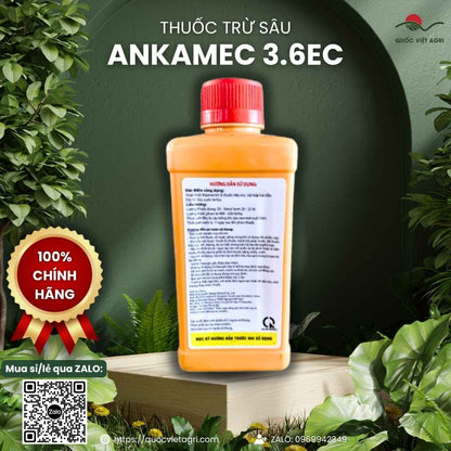 Hoạt chất Abamectin 3.6% trên nhãn chai Ankamec đặc trị sâu cuốn lá.