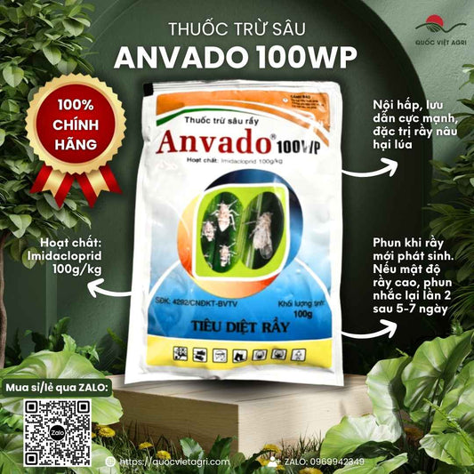 Mặt trước gói thuốc trừ sâu ANVADO 100WP 100g, chứa hoạt chất Imidacloprid 100g/kg, đặc trị rầy nâu lúa, côn trùng chích hút.

