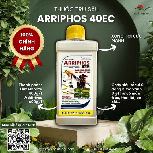 Mặt trước chai thuốc trừ sâu Arriphos 40EC 450ml, chuyên dùng để đặc trị rệp sáp, bọ xít, sản phẩm chính hãng.

